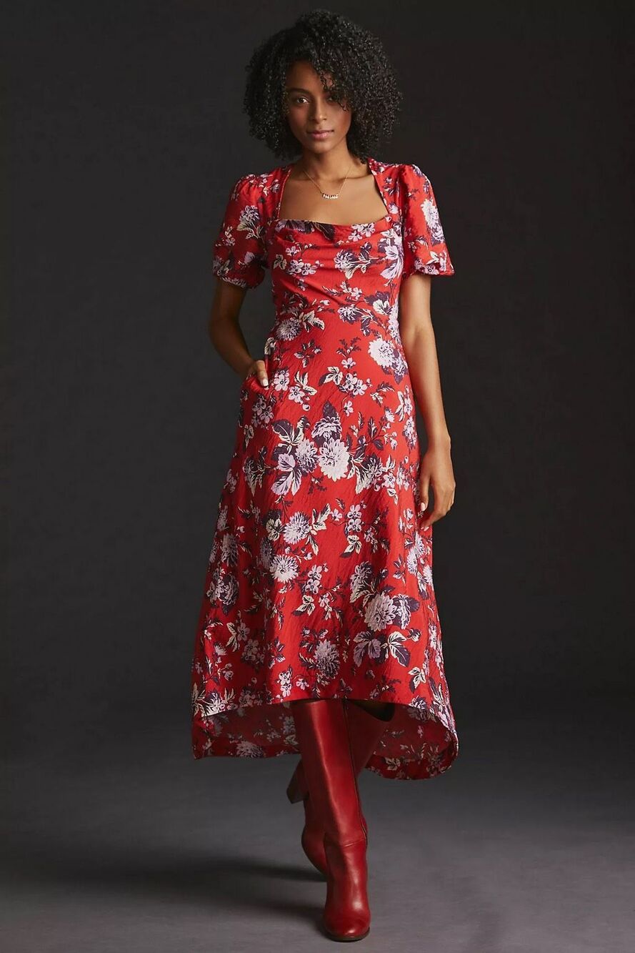 MAEVE ANTHROPOLOGIE Red Floral Puff Sleeve Dress
